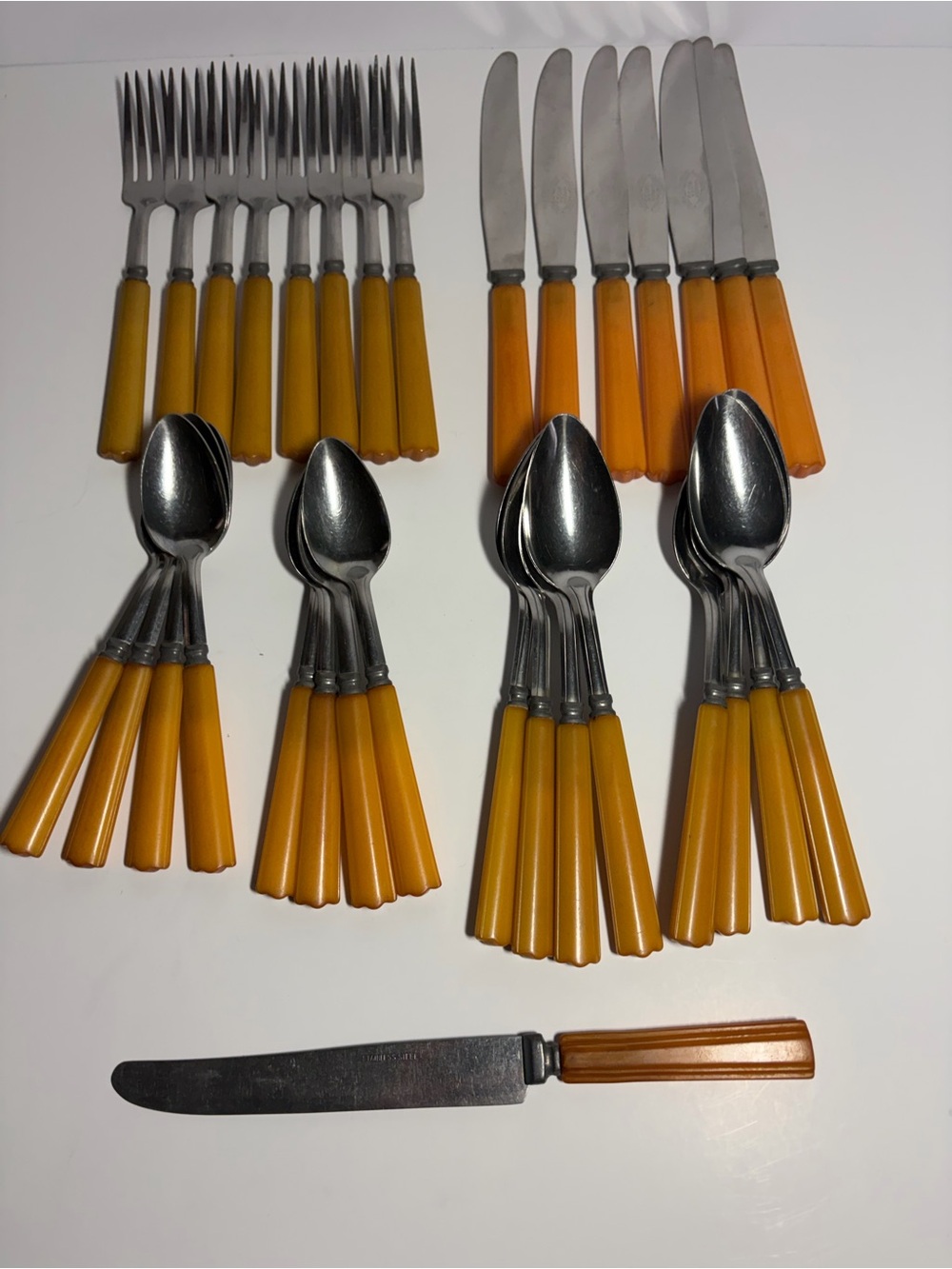 Lot Of 36 Vintage flatware Butterscotch, Bakelite Stainless, Hamilton Ross, USA